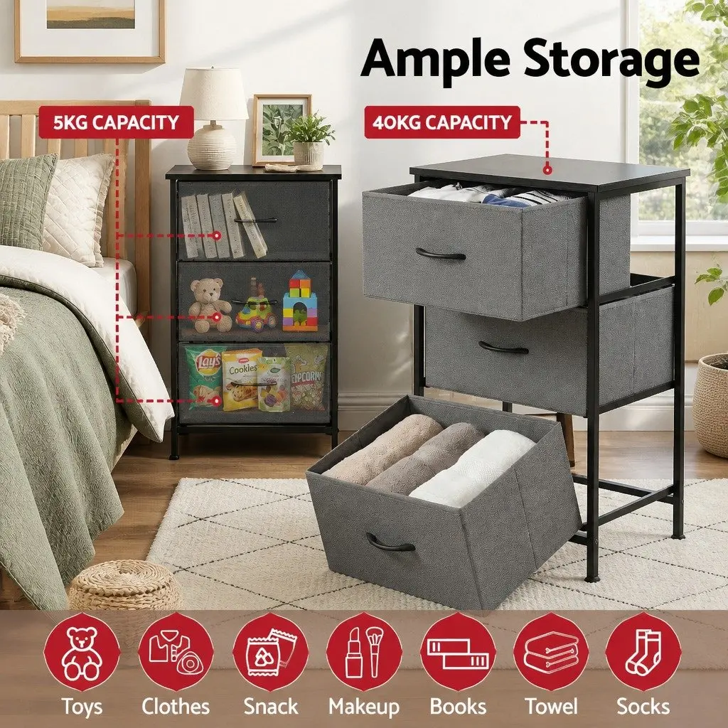 Chest of Drawers Black Set of 2 3 Drawer Storage Dresser Bedroom Tallboy
