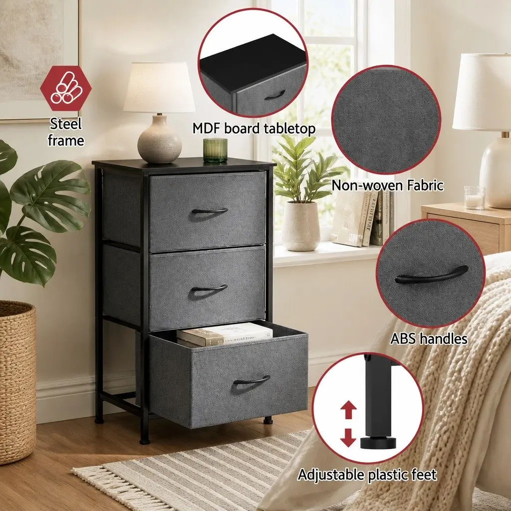 Chest of Drawers Grey 3 Storage Drawer Dresser Bedroom Tallboy Organizer