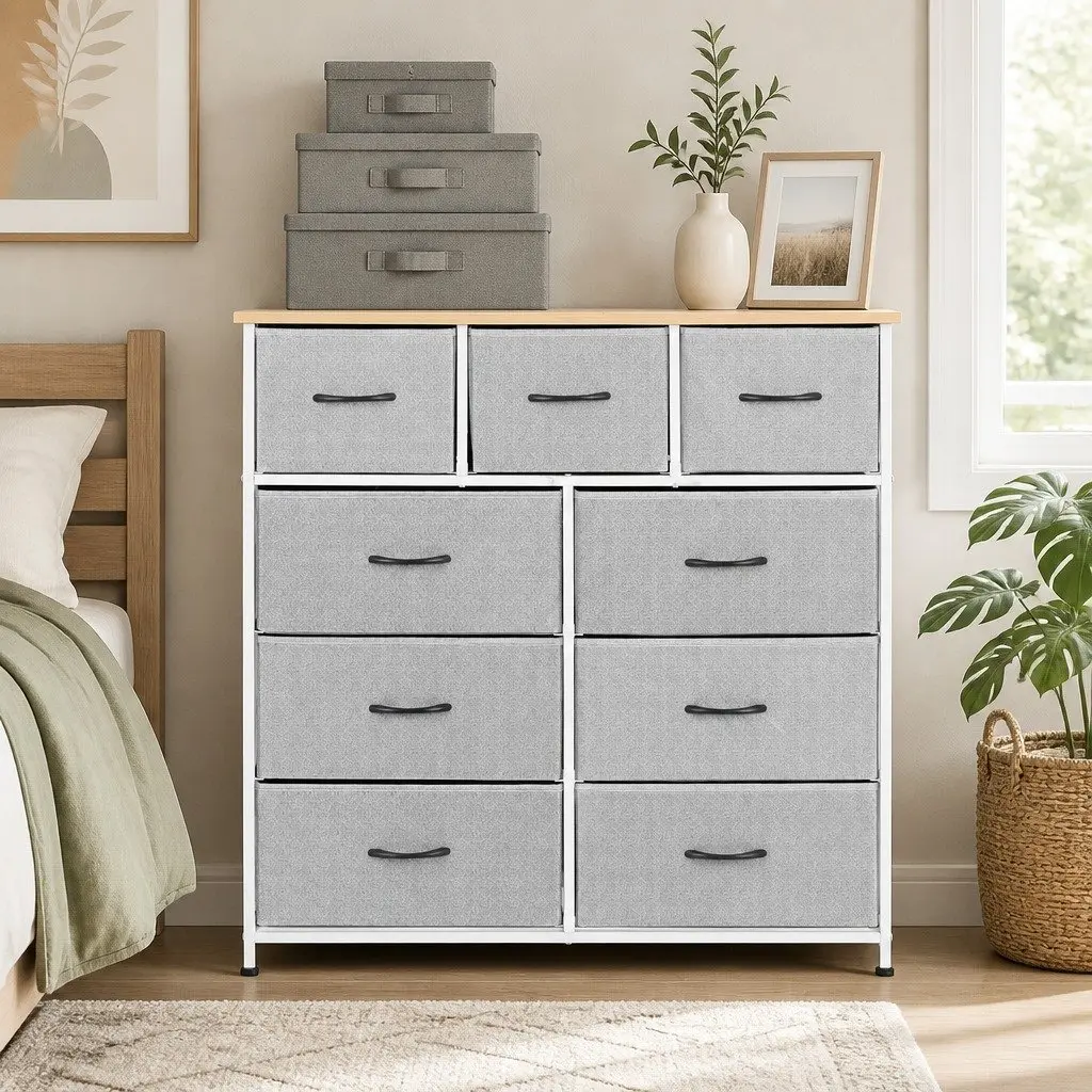 Chest of Drawers 9 Drawer Dresser Tallboy Storage Cabinet Bedroom Light Grey