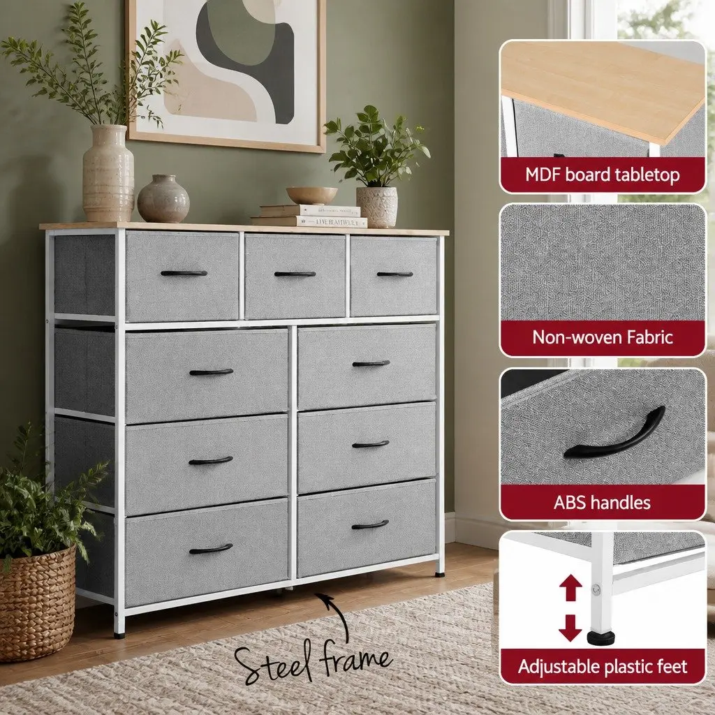 Chest of Drawers 9 Drawer Dresser Tallboy Storage Cabinet Bedroom Light Grey