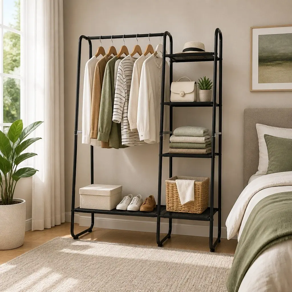 Metal Clothes Rack Black 150cm Sturdy Frame with Five Shelves