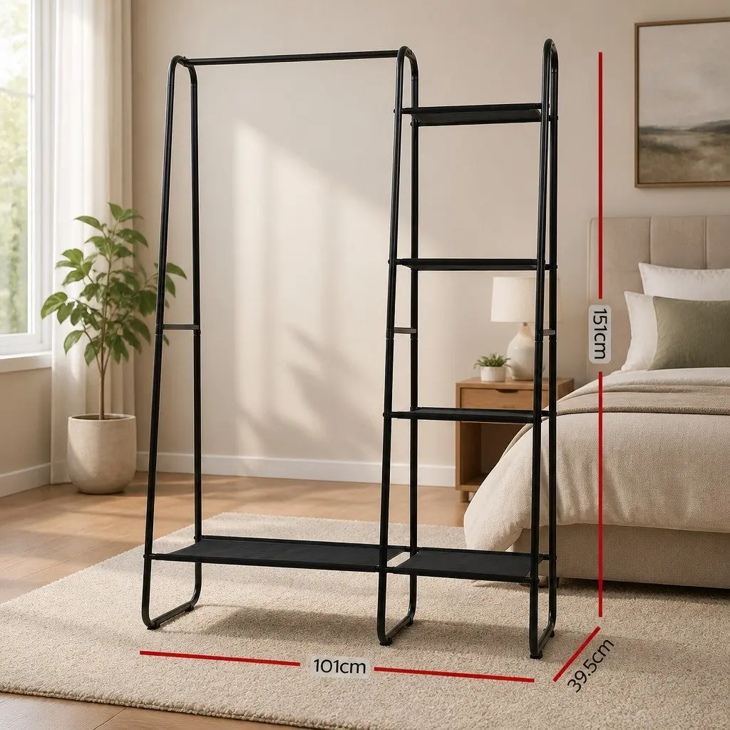 Metal Clothes Rack Black 150cm Sturdy Frame with Five Shelves