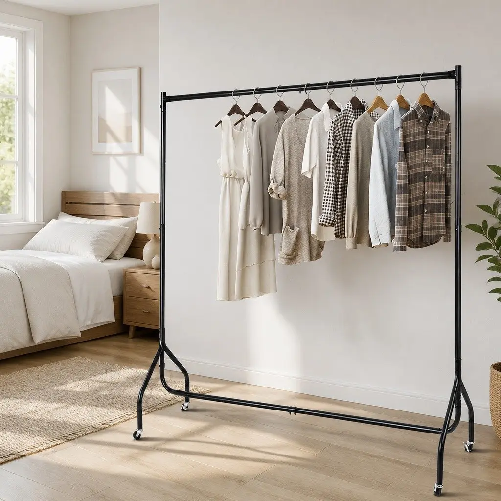 Metal Clothes Rack Black 6FT Garment Display Rail with Wheels