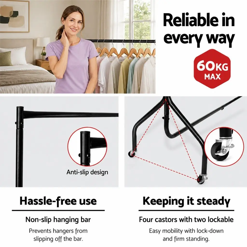 Metal Clothes Rack Black 6FT Garment Display Rail with Wheels