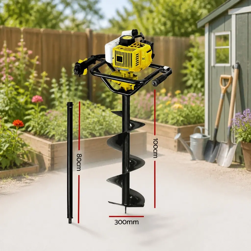 Post Hole Digger Yellow 65CC Petrol Power Auger 300mm Boring Machine with Extension Shaft