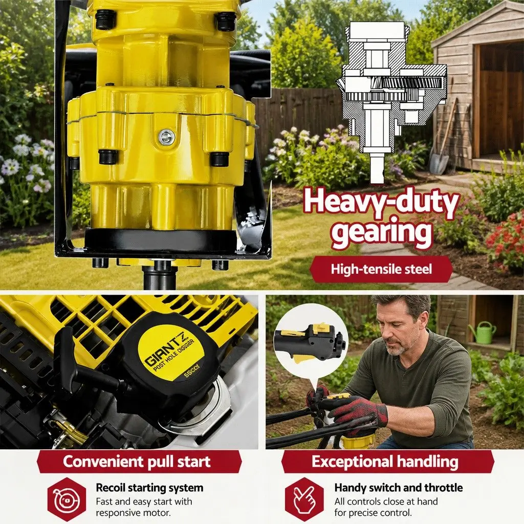 Post Hole Digger Yellow 65CC Petrol Power Auger 300mm Boring Machine with Extension Shaft