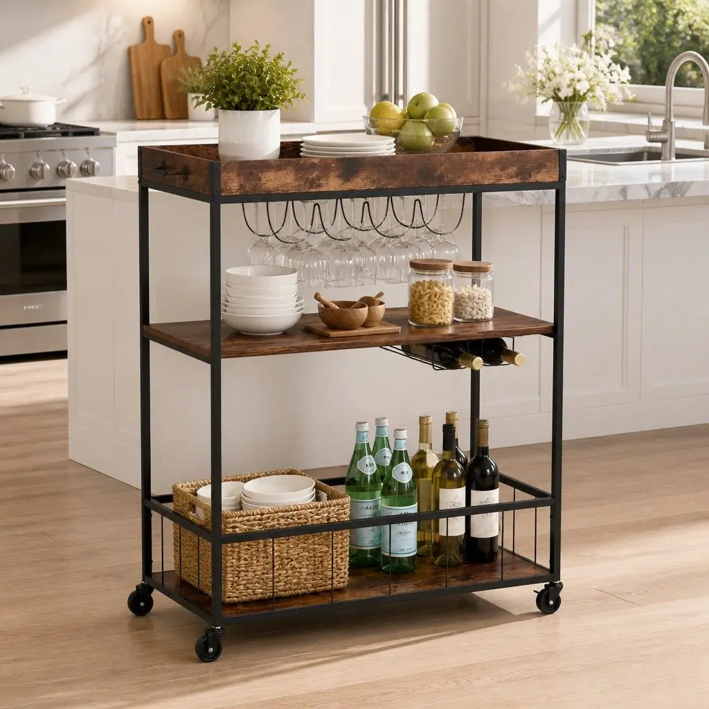 Mobile Kitchen Island Walnut Three-Tier Storage Trolley with Lockable Wheels and Wine Glass Rack