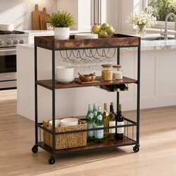 Mobile Kitchen Island Rolling Serving Cart Three-Tier Storage Trolley Walnut