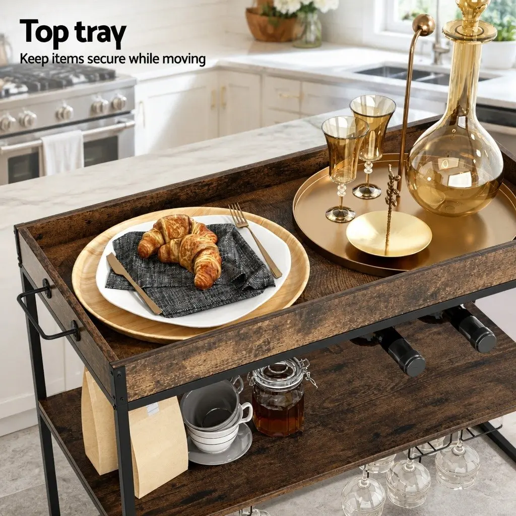 Mobile Kitchen Island Walnut Three-Tier Storage Trolley with Lockable Wheels and Wine Glass Rack