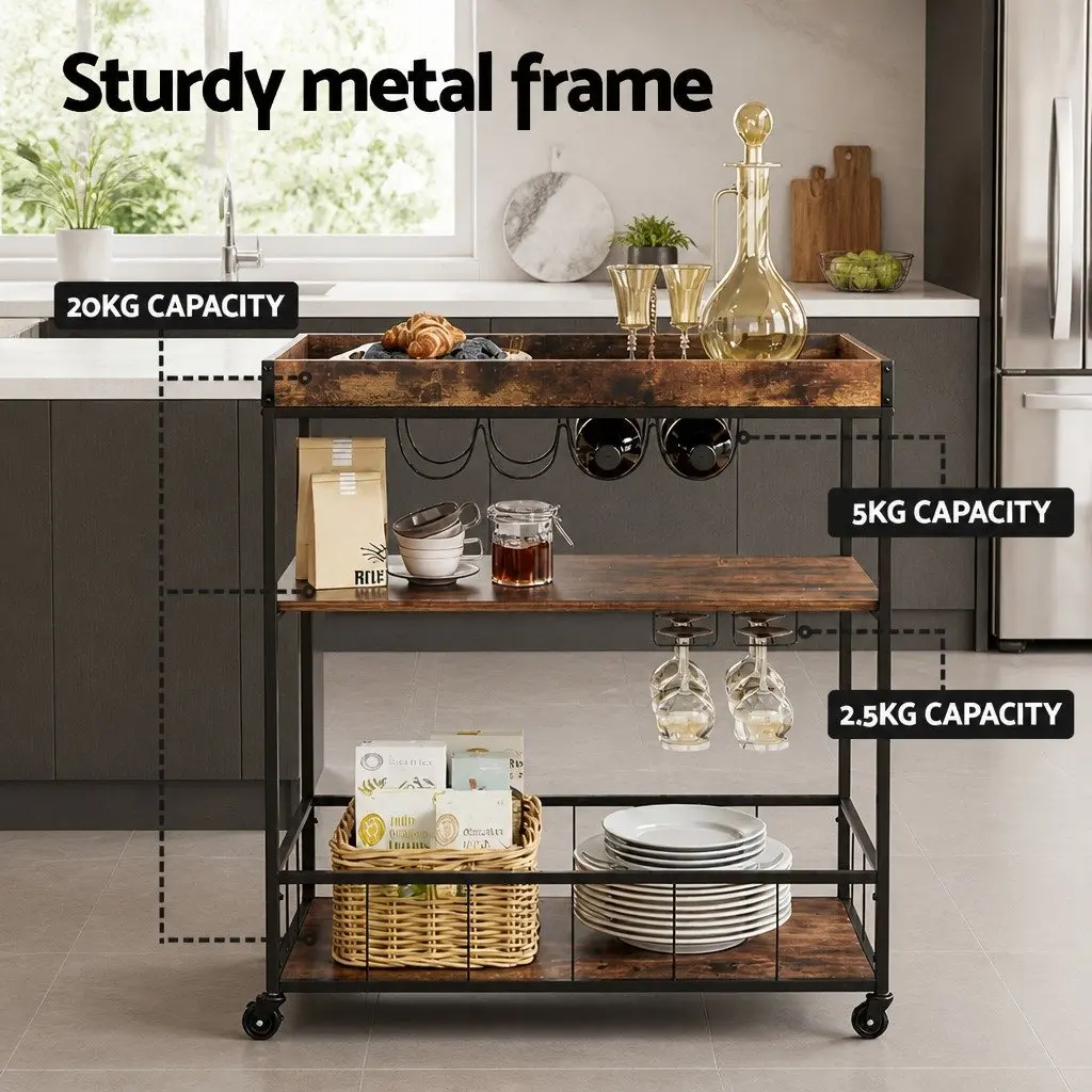 Mobile Kitchen Island Walnut Three-Tier Storage Trolley with Lockable Wheels and Wine Glass Rack