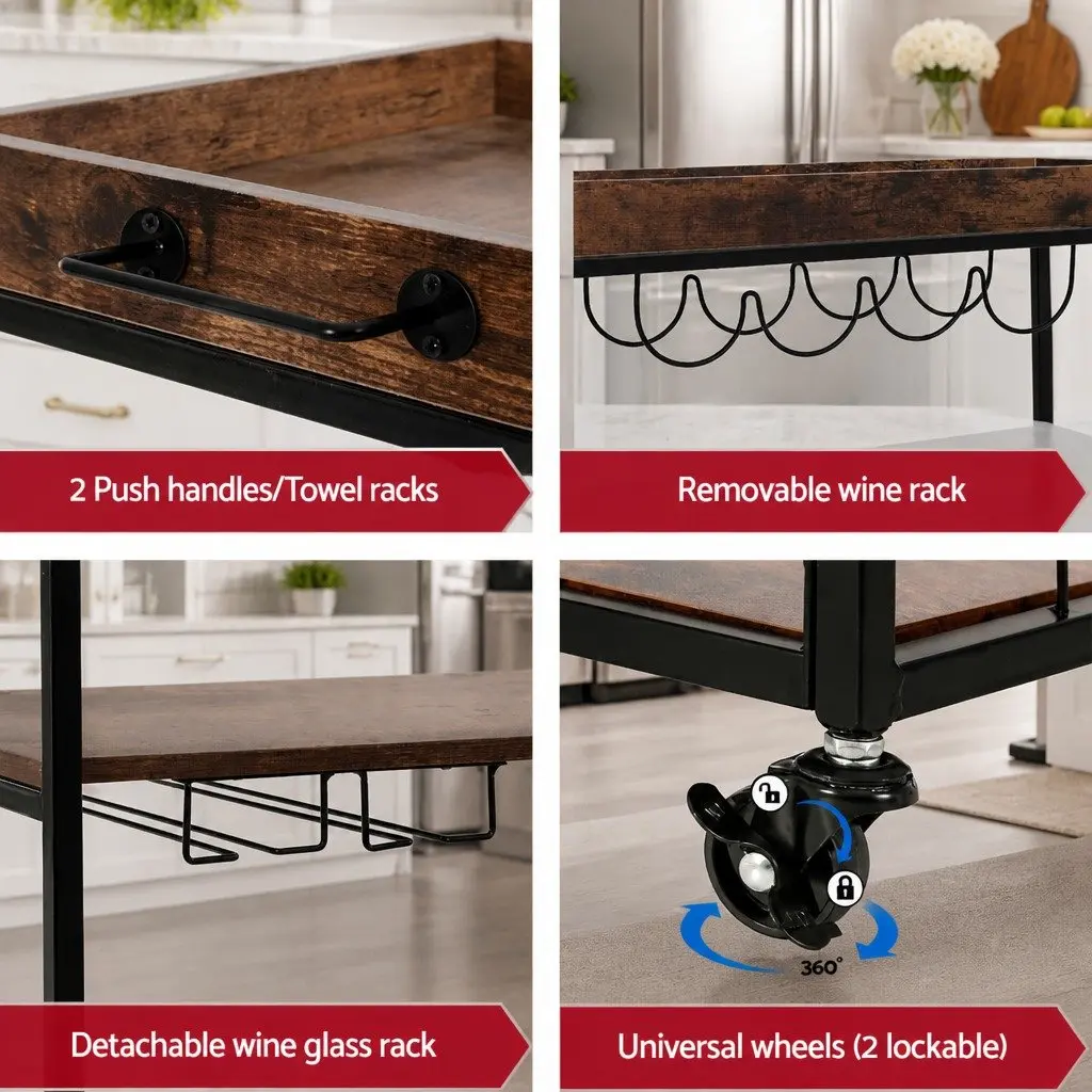 Mobile Kitchen Island Walnut Three-Tier Storage Trolley with Lockable Wheels and Wine Glass Rack