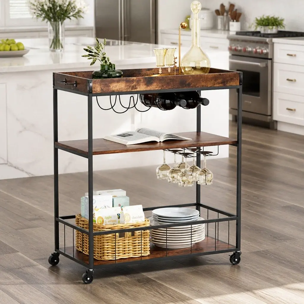 Mobile Kitchen Island Walnut Three-Tier Storage Trolley with Lockable Wheels and Wine Glass Rack
