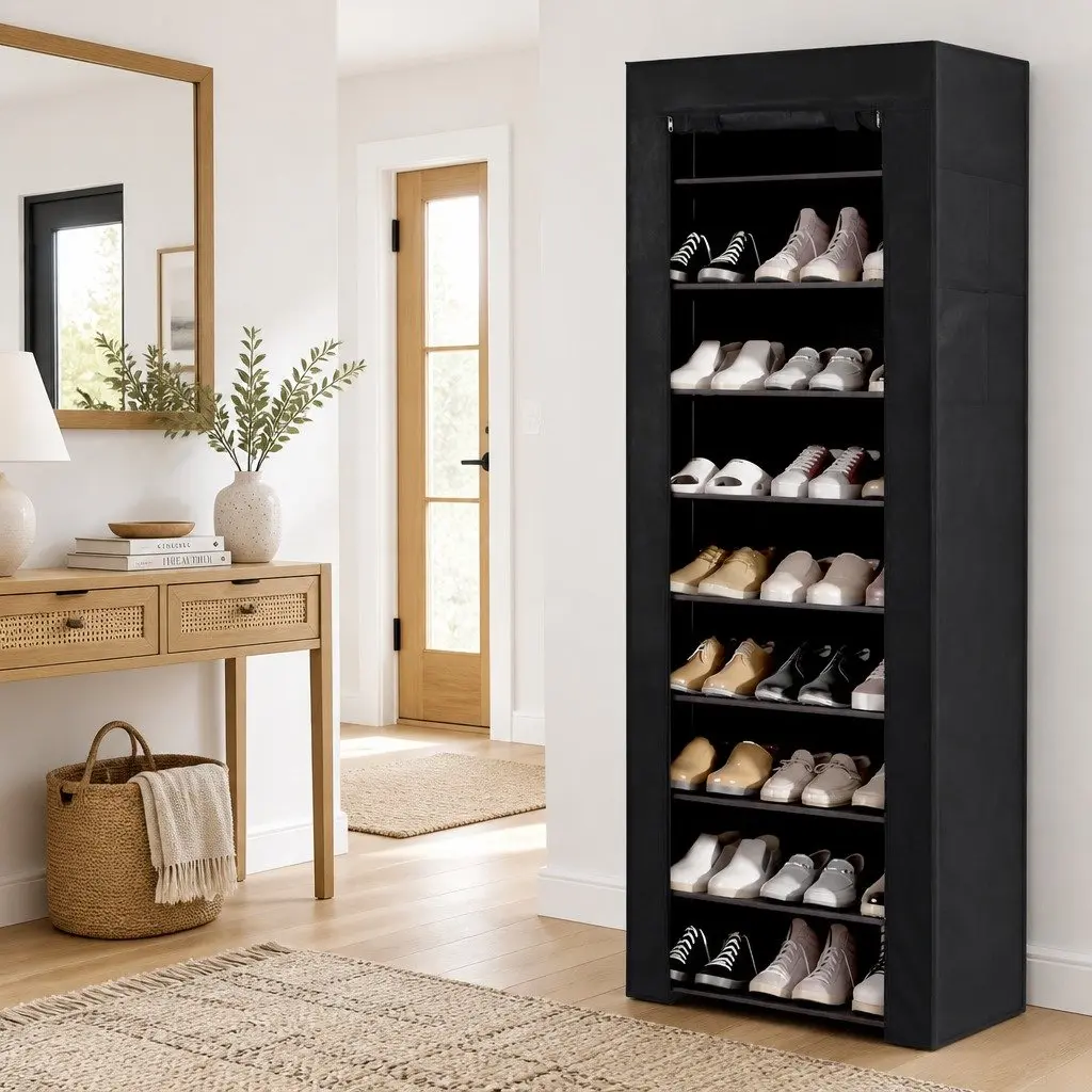 10 Tier Shoe Rack Black Removable Non-Woven Fabric Cover Sturdy Metal Frame