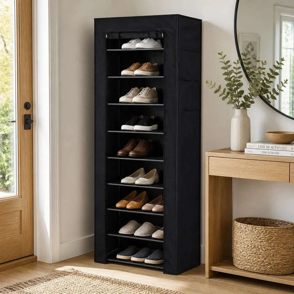 10 Tier Shoe Rack Black Removable Non-Woven Fabric Cover Sturdy Metal Frame