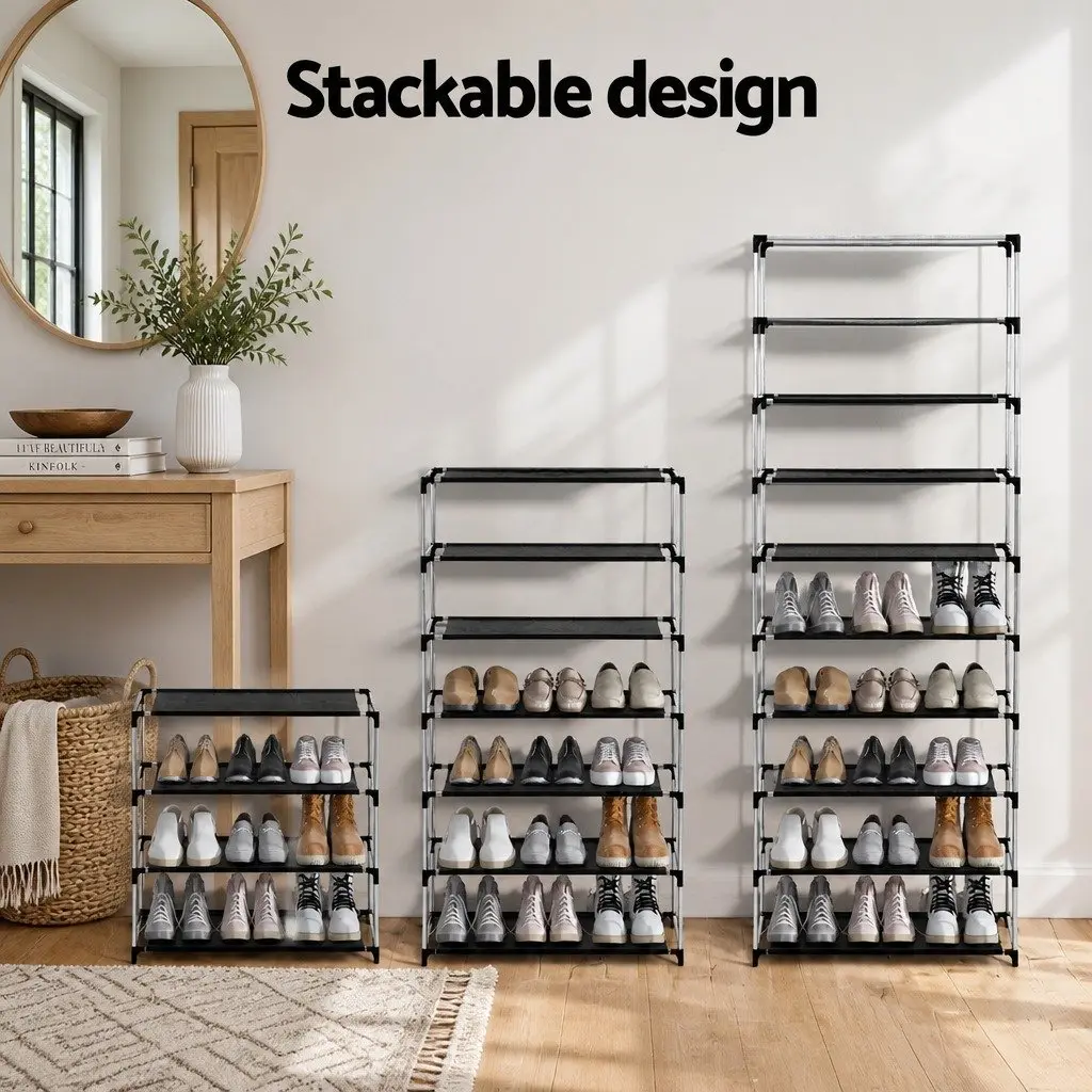 10 Tier Shoe Rack Black Removable Non-Woven Fabric Cover Sturdy Metal Frame