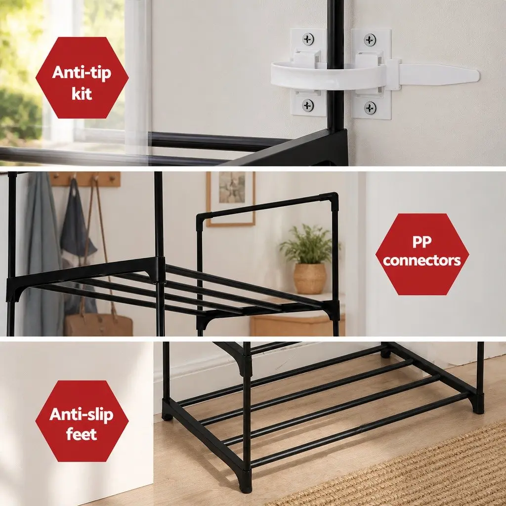 10-Tier Shoe Rack Black Stackable Storage Unit Organiser Shelving with Tool-Free Assembly and Reconfigurable Shelves