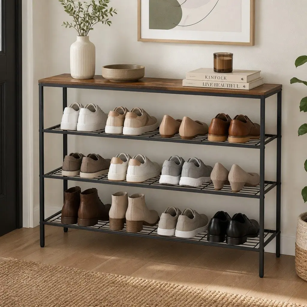 Shoe Rack Walnut and Black 4 Tier Open Storage Organiser Display Stand