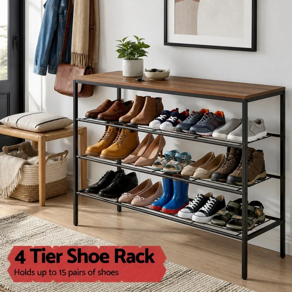 Shoe Rack Walnut and Black 4 Tier Open Storage Organiser Display Stand