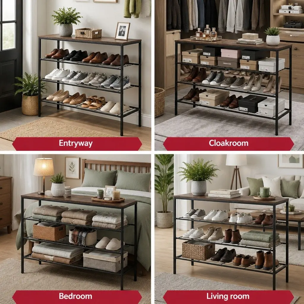 Shoe Rack Walnut and Black 4 Tier Open Storage Organiser Display Stand
