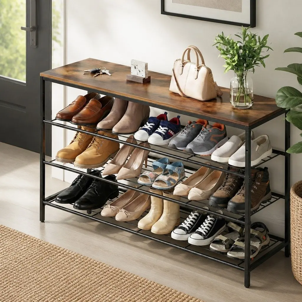 Shoe Rack Walnut and Black 4 Tier Open Storage Organiser Display Stand