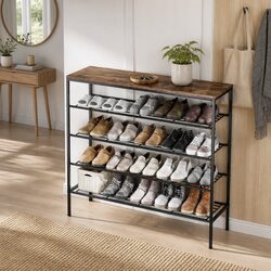 5-Tier Shoe Rack Storage Organizer 25 Pairs Open Shelves Metal Frame Wood