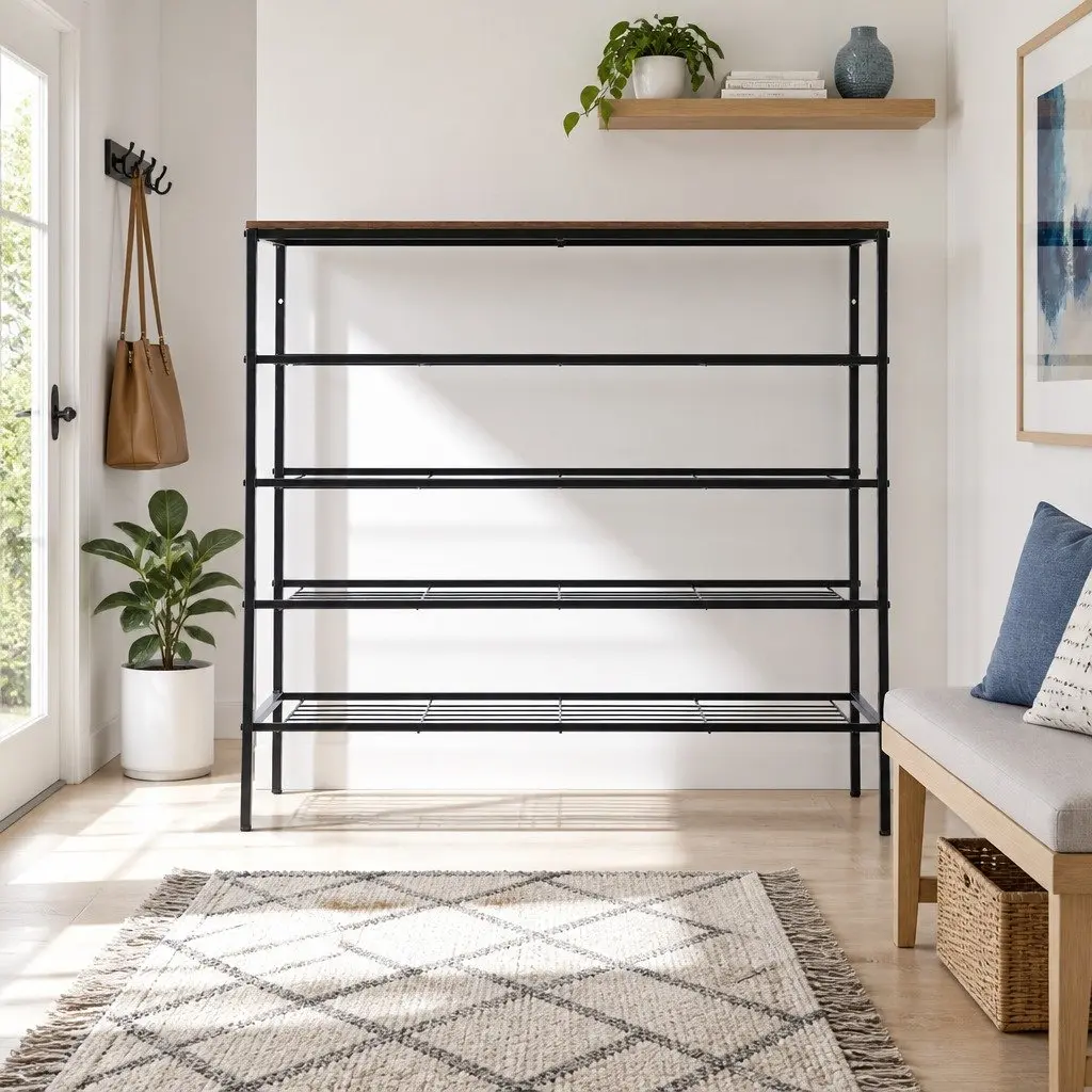 5-Tier Shoe Rack Walnut and Black Metal Frame Open Shelves Storage Organizer