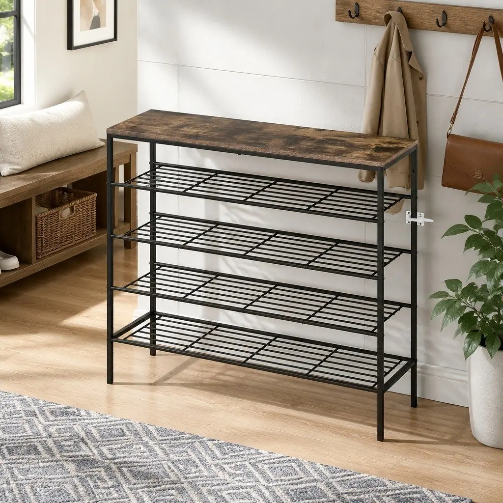 5-Tier Shoe Rack Walnut and Black Metal Frame Open Shelves Storage Organizer