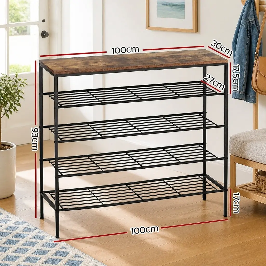 5-Tier Shoe Rack Walnut and Black Metal Frame Open Shelves Storage Organizer