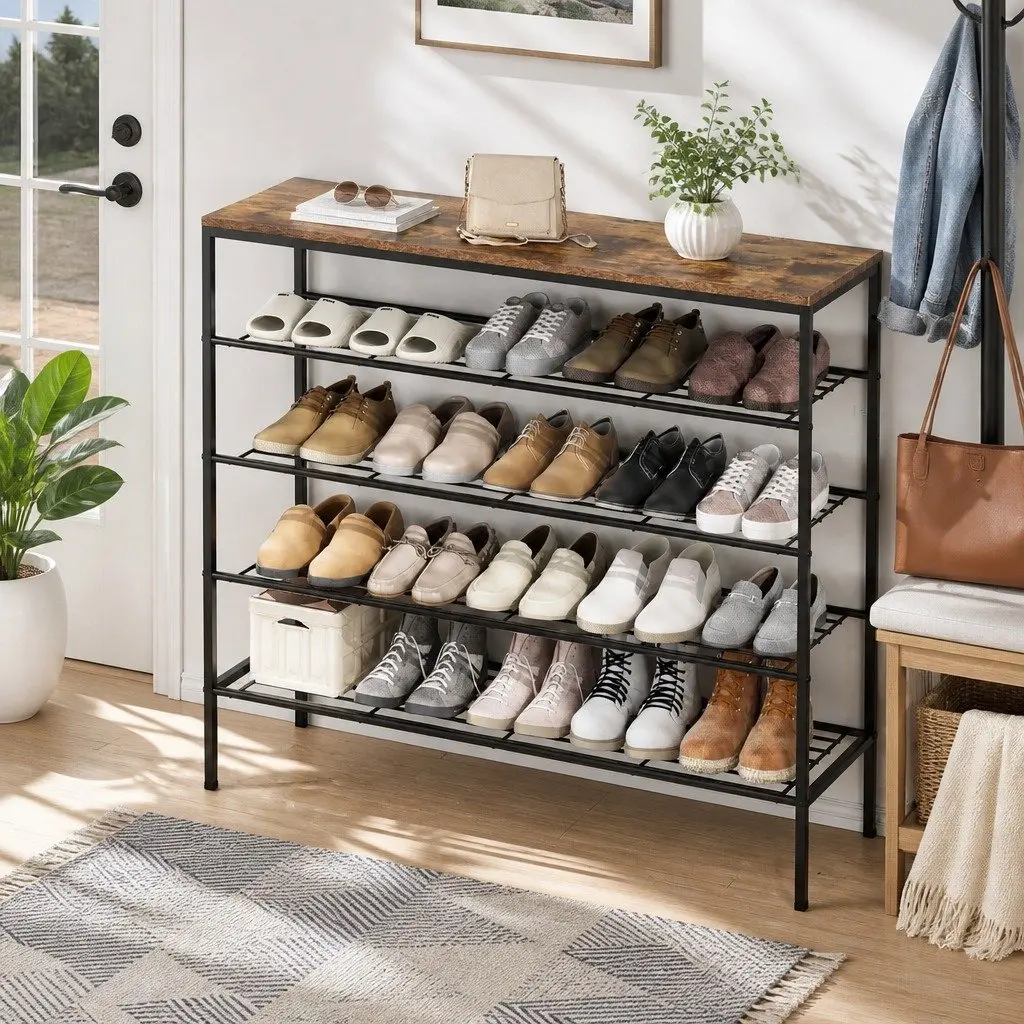 5-Tier Shoe Rack Walnut and Black Metal Frame Open Shelves Storage Organizer