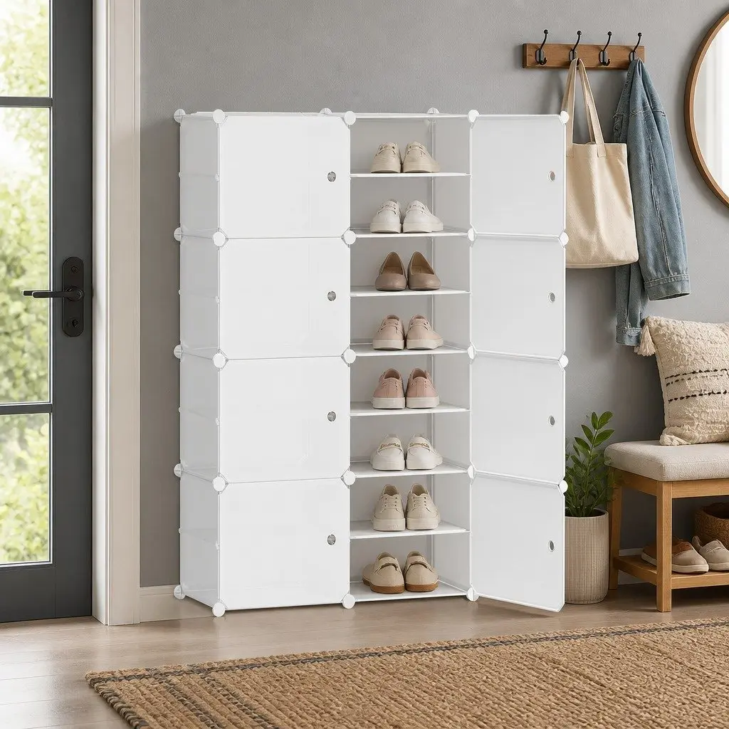Shoe Storage Cube Cabinet Set of 8 Stackable White Organizer Ventilation Design