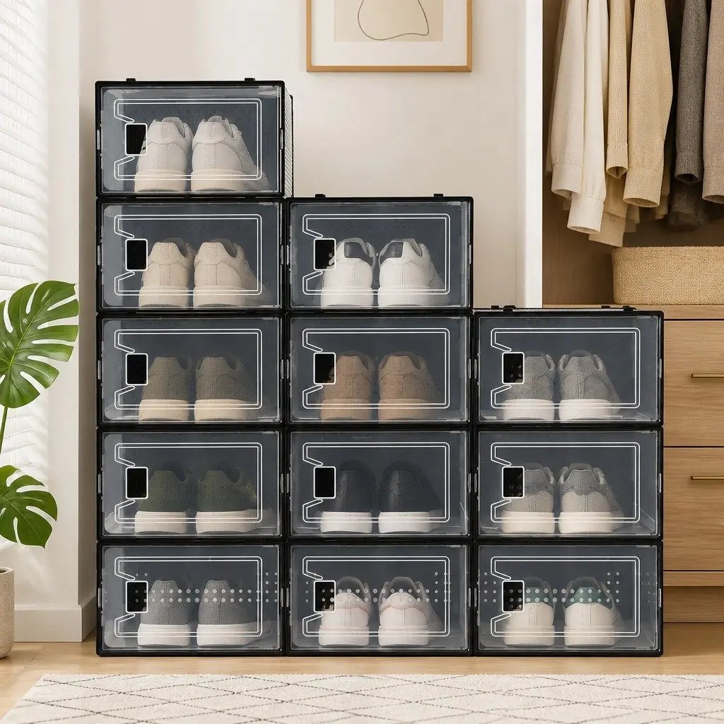 Shoe Storage Box Set of 12 Stackable Transparent Black Organiser DIY Assembly