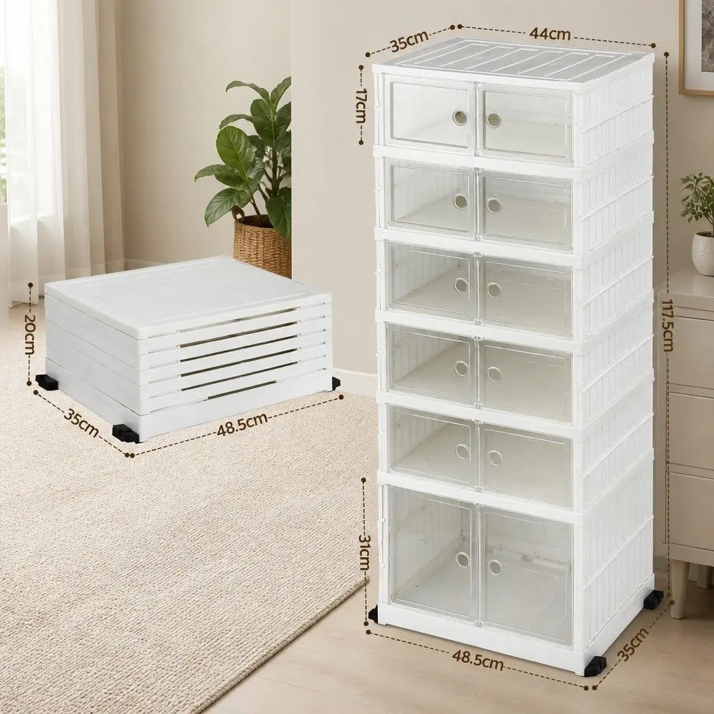 Shoe Storage Box White 6 Tier Foldable Organiser with See-through Magnetic Doors and Bottom Wheels