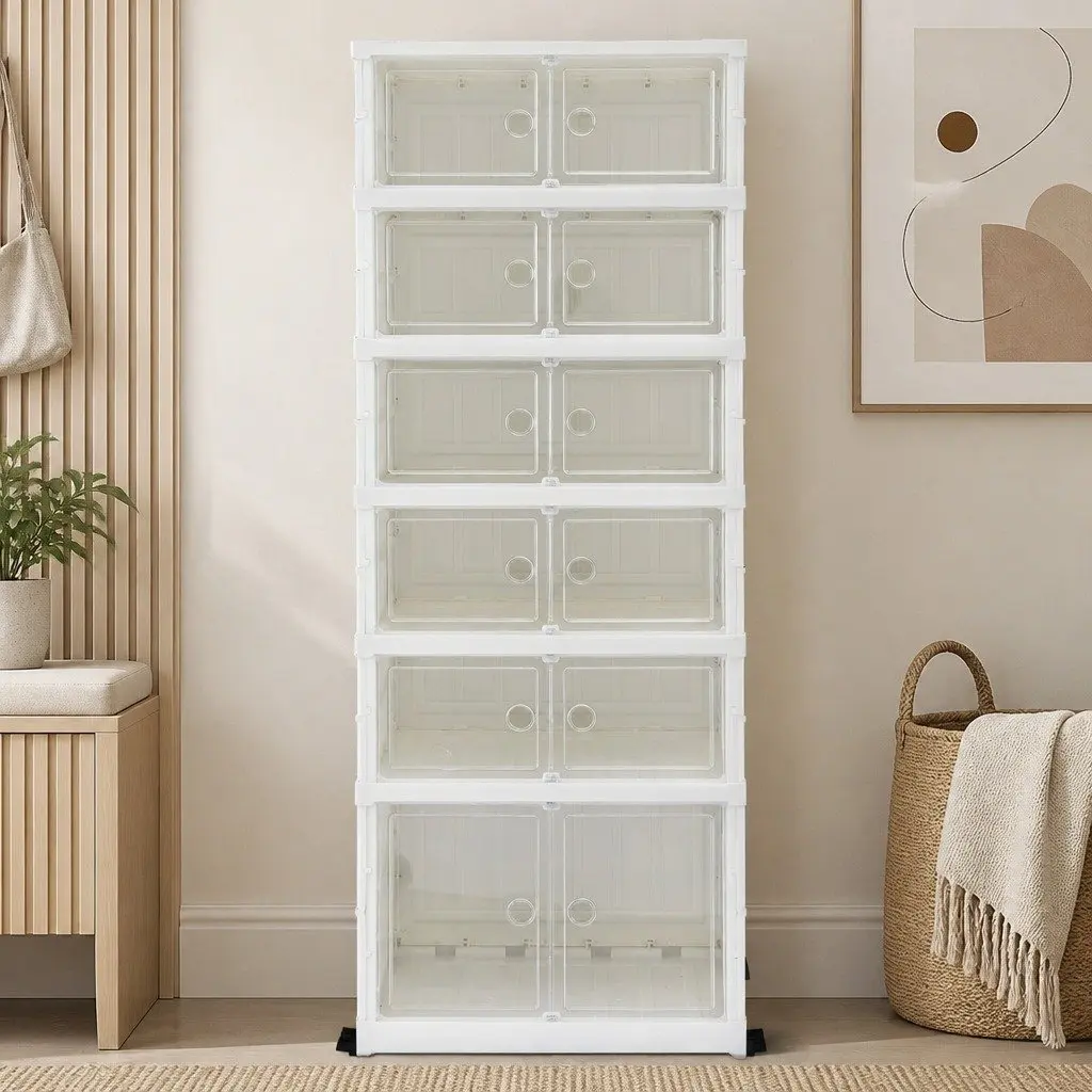 Shoe Storage Box White 6 Tier Foldable Organiser with See-through Magnetic Doors and Bottom Wheels