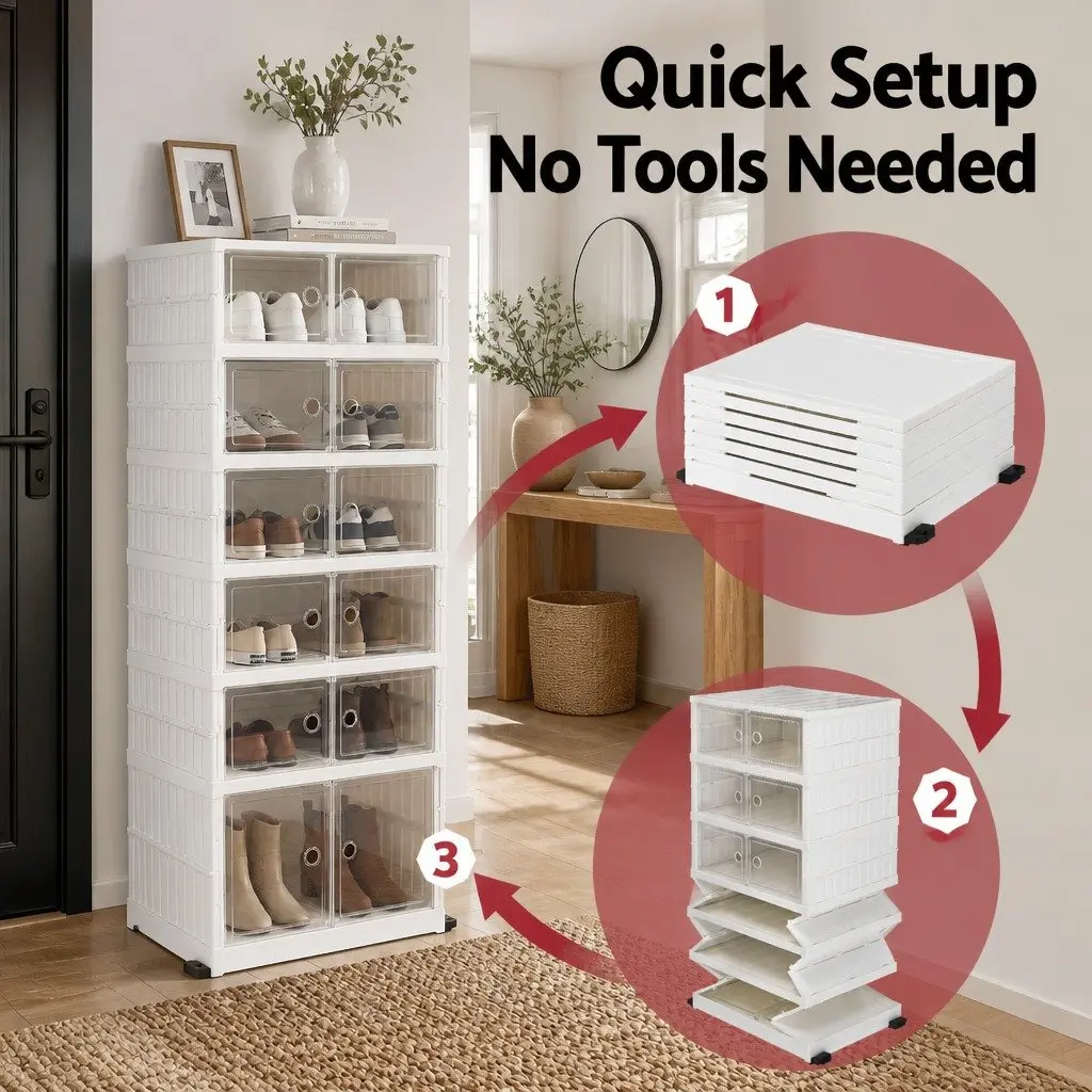Shoe Storage Box White 6 Tier Foldable Organiser with See-through Magnetic Doors and Bottom Wheels