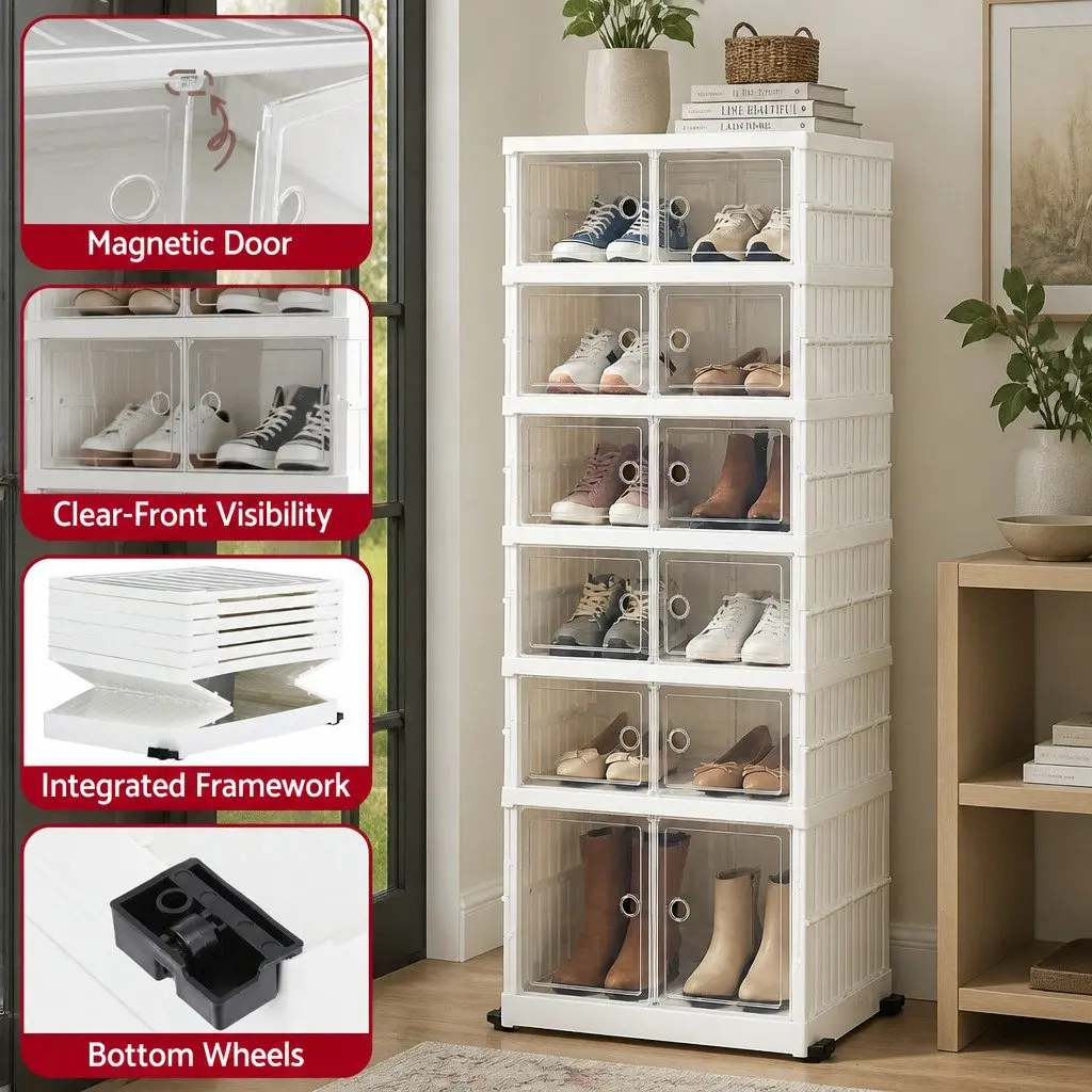 Shoe Storage Box White 6 Tier Foldable Organiser with See-through Magnetic Doors and Bottom Wheels
