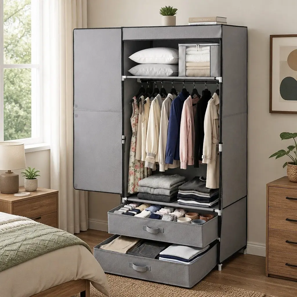 Large Portable Wardrobe Grey Clothes Closet Storage Organiser with Drawers &