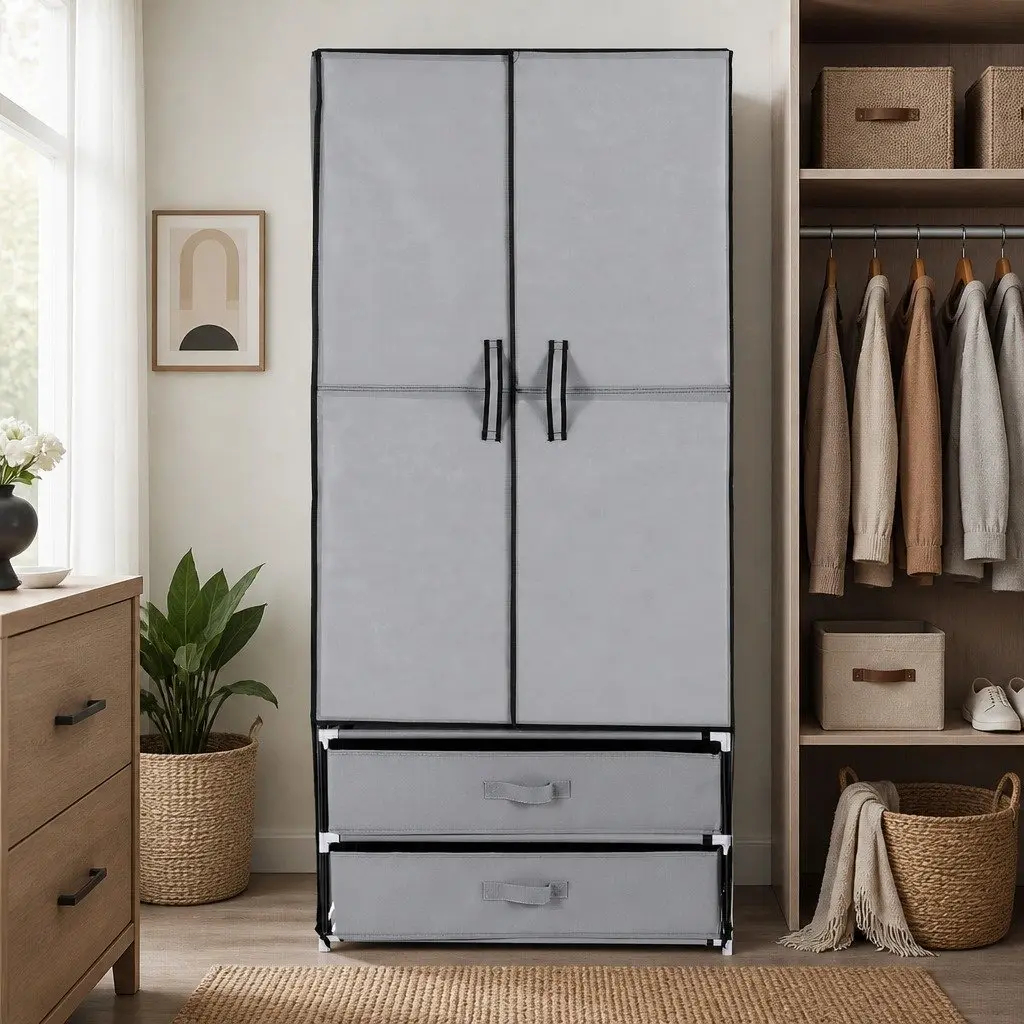 Large Portable Wardrobe Grey Clothes Closet Storage Organiser with Drawers