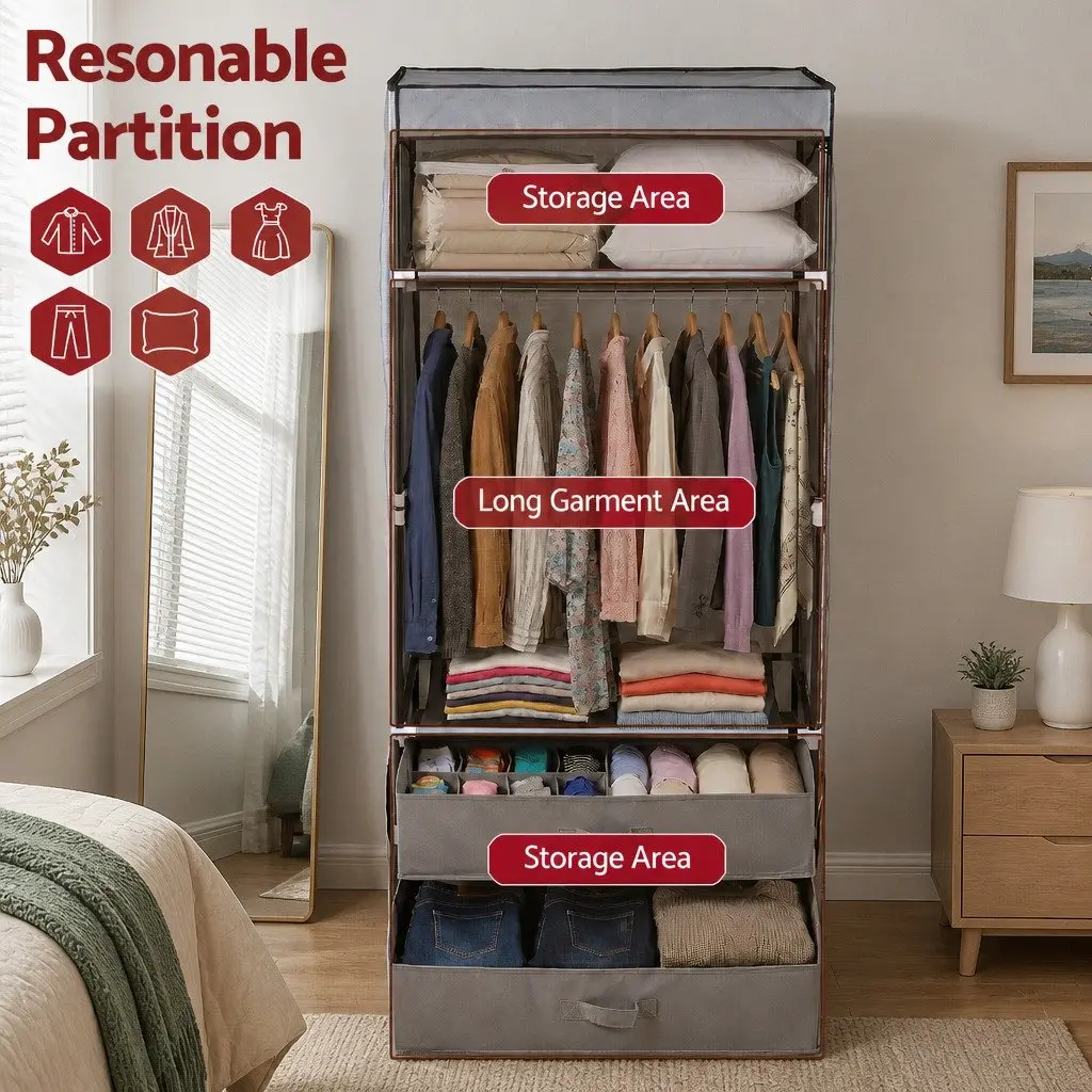 Large Portable Wardrobe Grey Clothes Closet Storage Organiser with Drawers