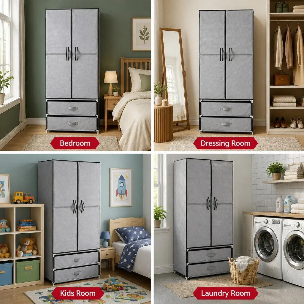 Large Portable Wardrobe Grey Clothes Closet Storage Organiser with Drawers