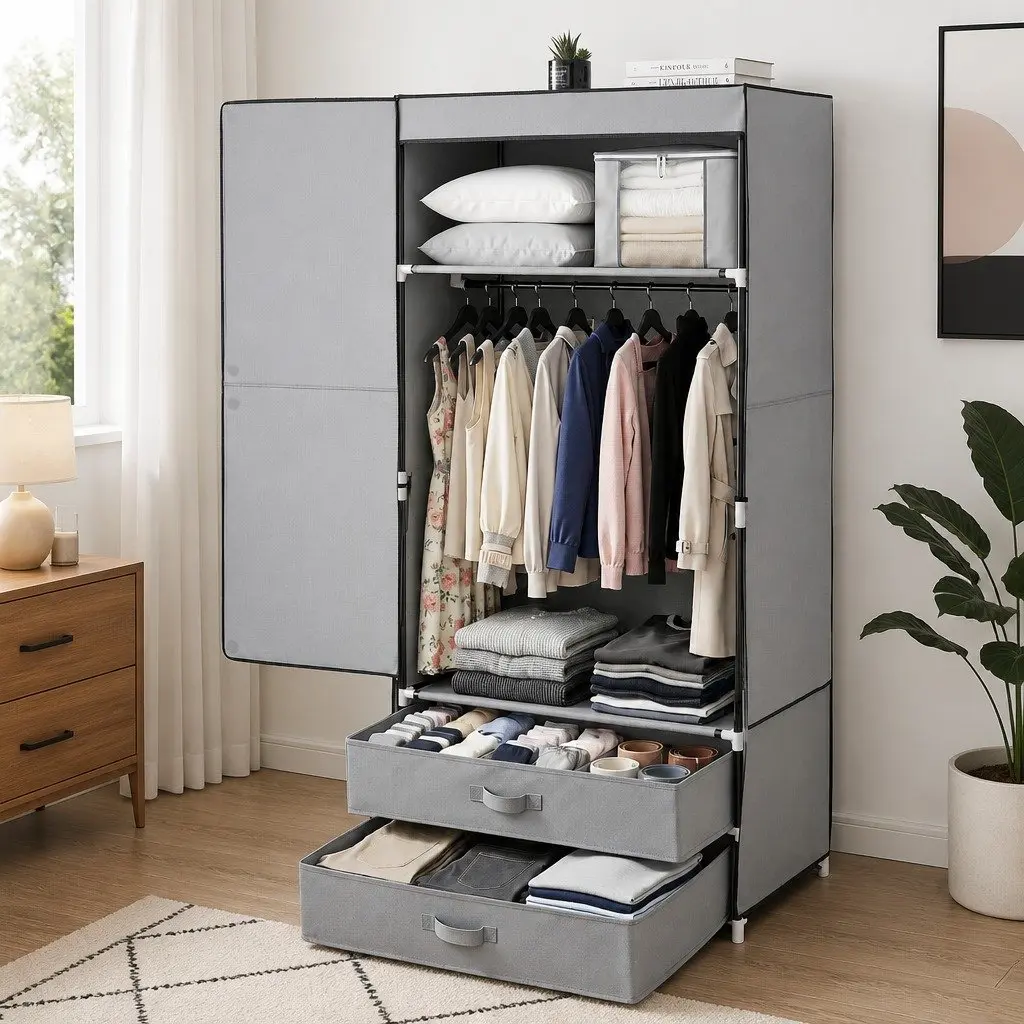 Large Portable Wardrobe Grey Clothes Closet Storage Organiser with Drawers