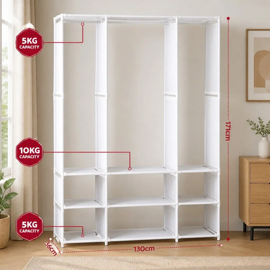Large Portable Clothes Wardrobe Open Shelf Storage Organizer White Home Bedroom