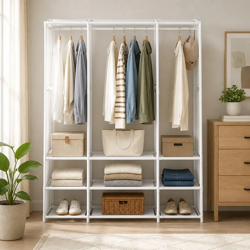 Large Portable Clothes Wardrobe Open Shelf Storage Organizer White Home Bedroom