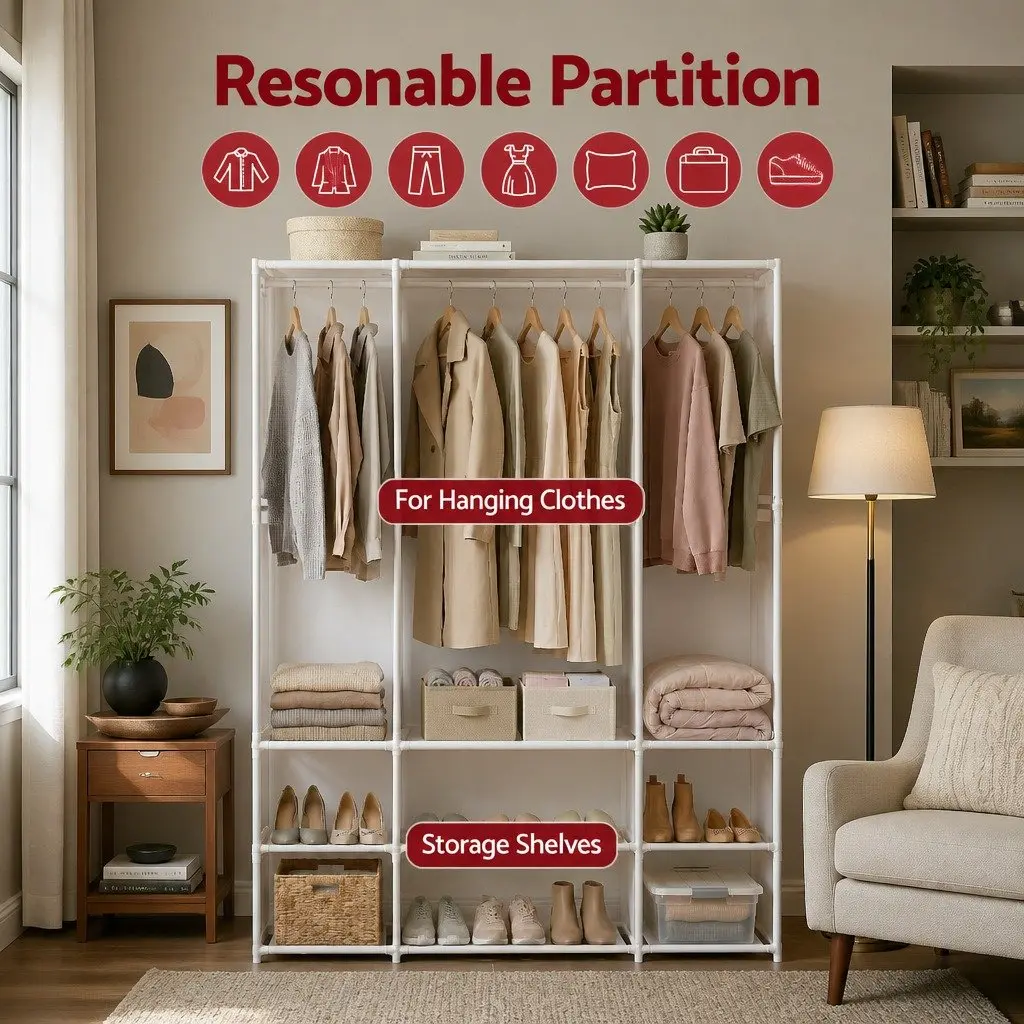 Large Portable Clothes Wardrobe Open Shelf Storage Organizer White Home Bedroom