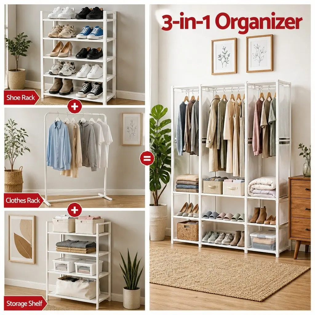 Large Portable Clothes Wardrobe Open Shelf Storage Organizer White Home Bedroom