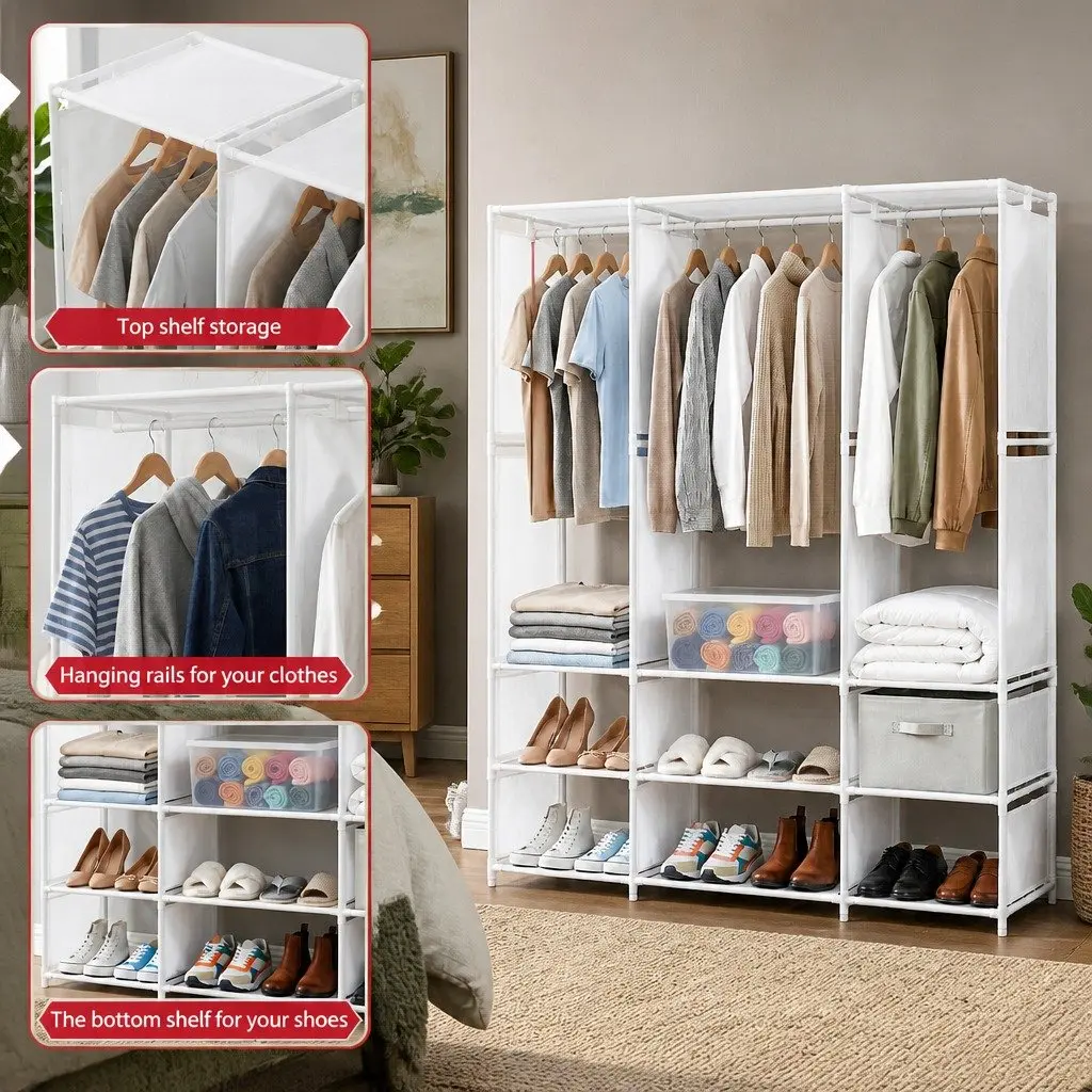 Large Portable Clothes Wardrobe Open Shelf Storage Organizer White Home Bedroom