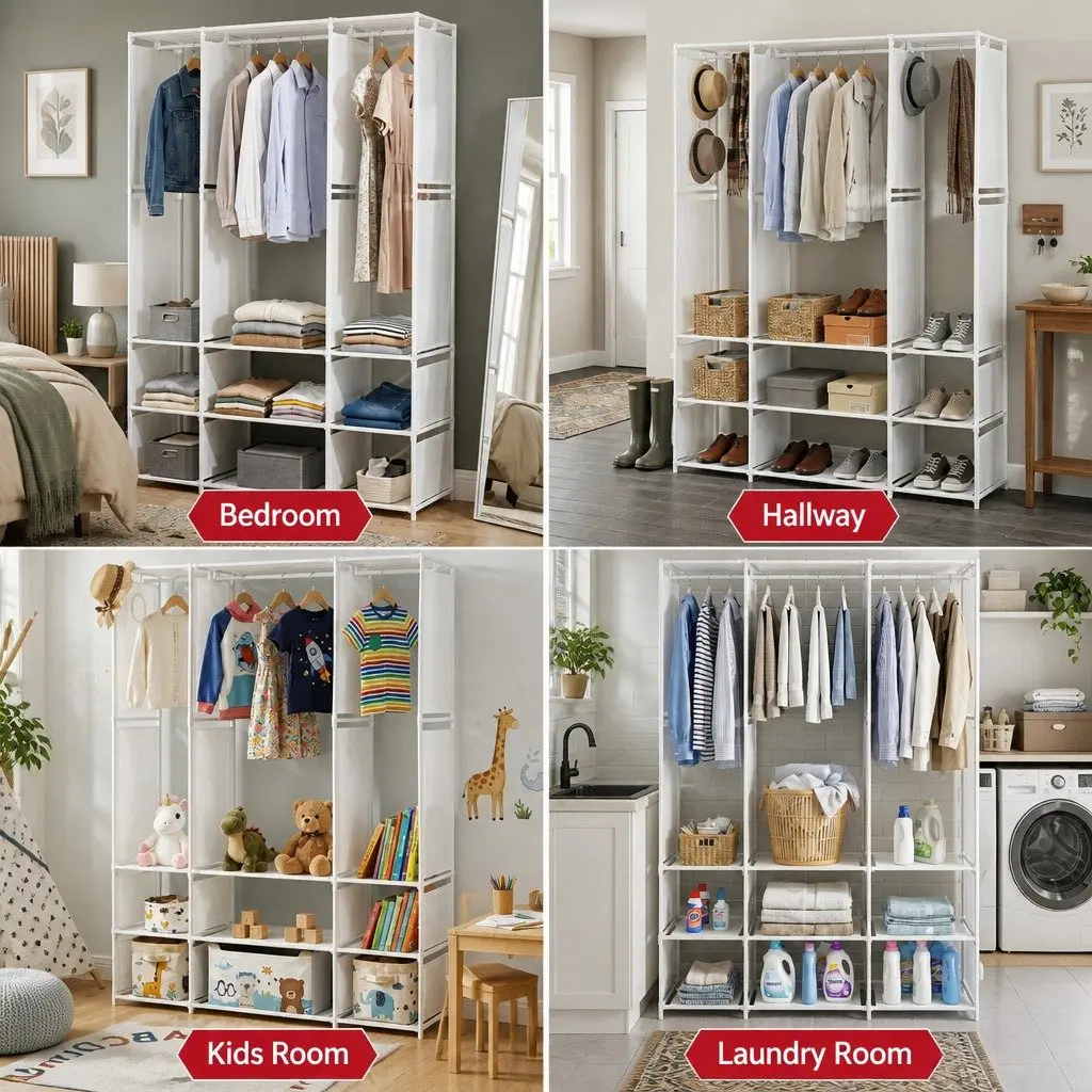 Large Portable Clothes Wardrobe Open Shelf Storage Organizer White Home Bedroom