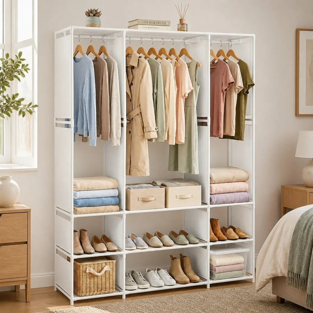 Large Portable Clothes Wardrobe Open Shelf Storage Organizer White Home Bedroom
