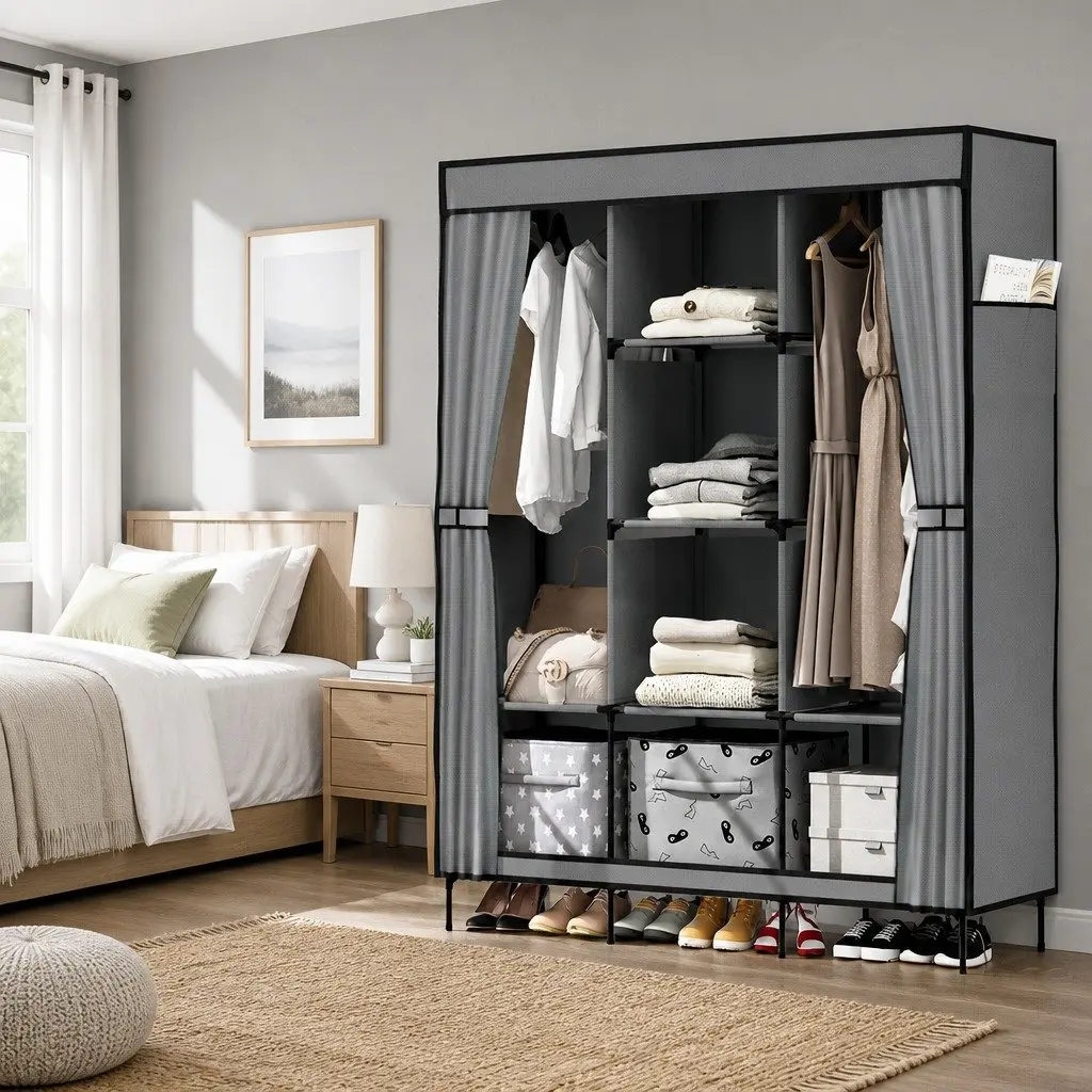 Large Portable Wardrobe Closet Grey Fabric Storage Organizer with Shelves and Hanging Rods