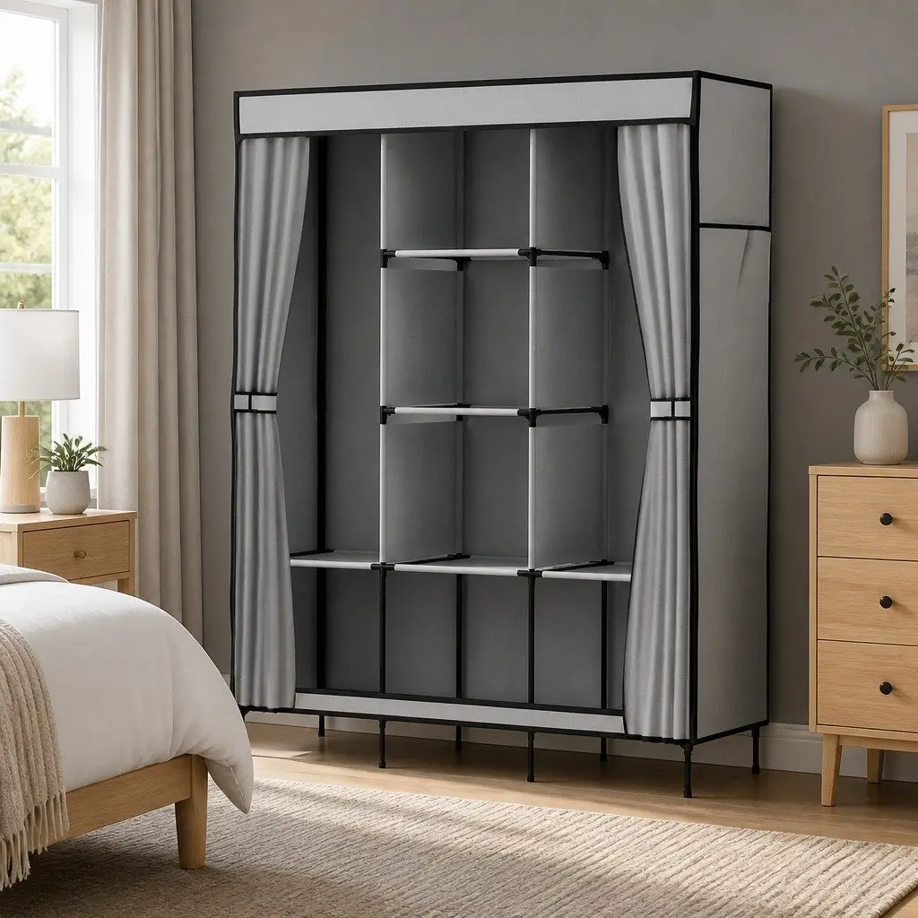 Large Portable Wardrobe Closet Grey Fabric Storage Organizer with Shelves and Hanging Rods