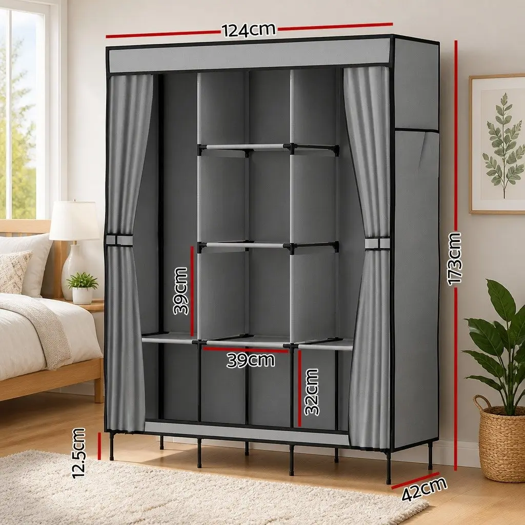 Large Portable Wardrobe Closet Grey Fabric Storage Organizer with Shelves and Hanging Rods